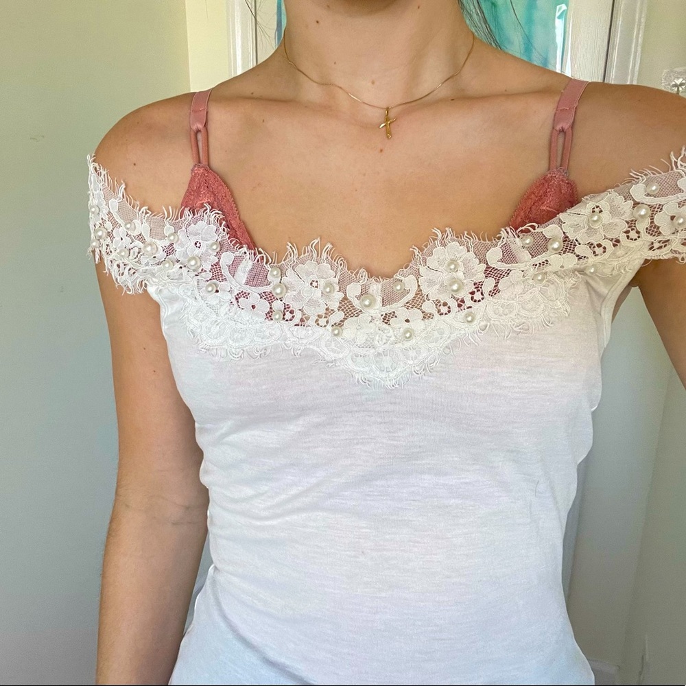 White lace and pearl cami top